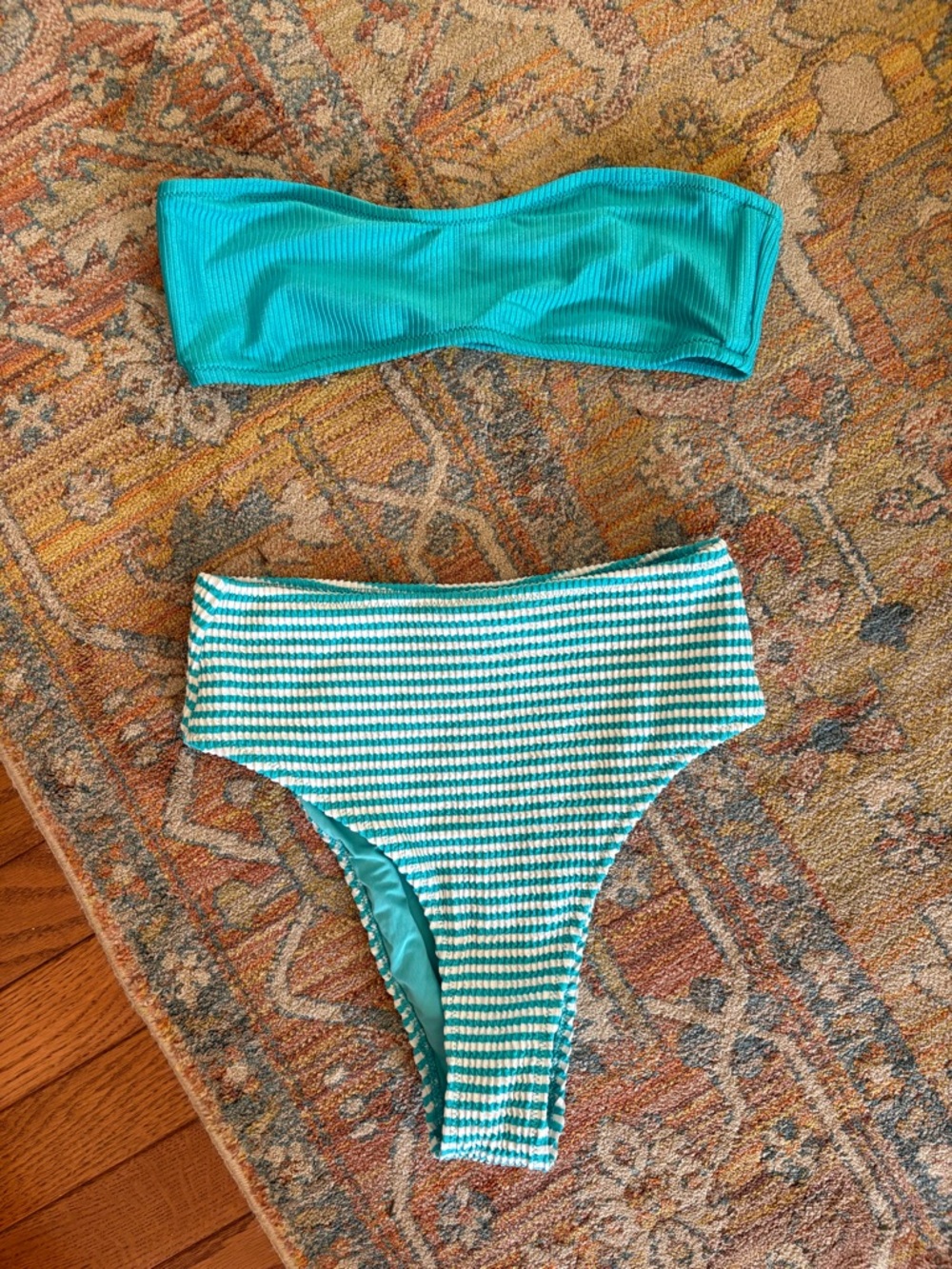 aerie Teal Bandeau Top with Teal-and-White Striped High-Waist Bottoms